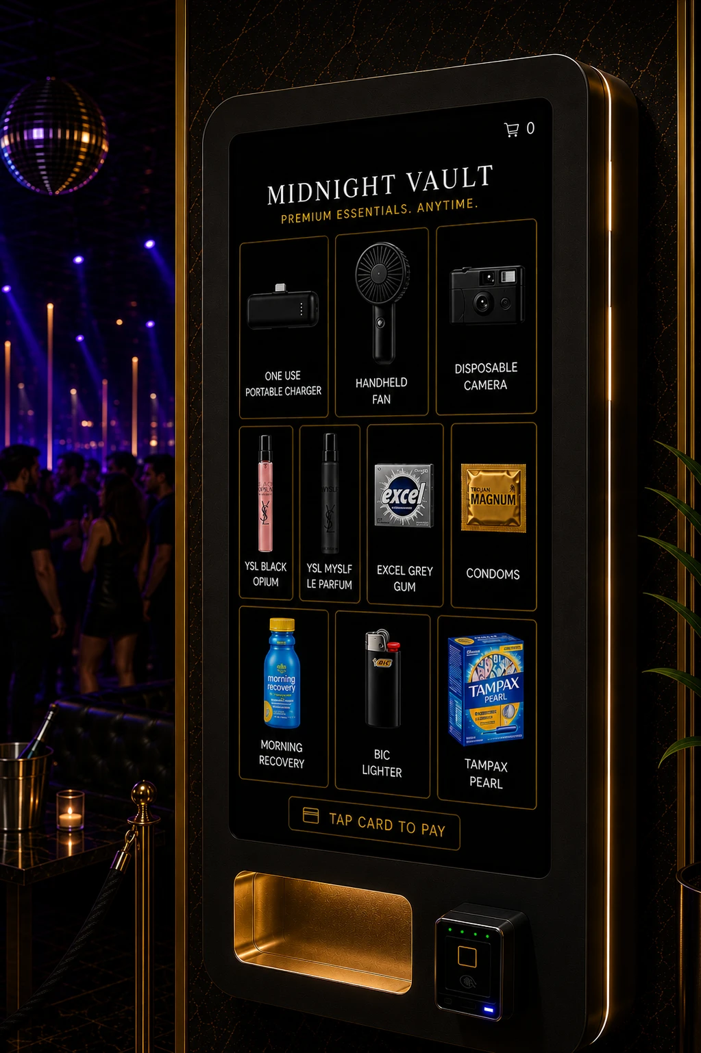 Midnight Vault wall-mounted touchscreen vending machine inside a nightclub, its screen showing a grid of essentials — portable charger, handheld fan, disposable camera, fragrance, gum, condoms, recovery drink, lighter and period products.
