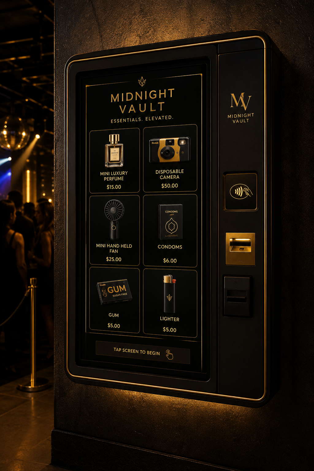 Midnight Vault wall-mounted touchscreen vending machine showing a product grid with prices inside a nightclub.