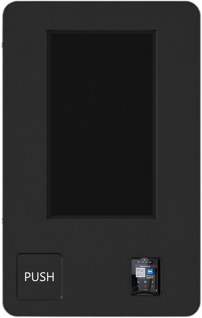 The Vault Mini — wall-mounted Midnight Vault unit with touchscreen, contactless reader and push-door product exit