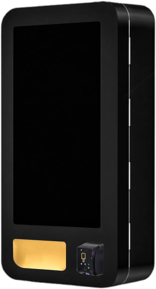 The Vault — wall-mounted Midnight Vault unit with full-height touchscreen, contactless reader and illuminated product exit